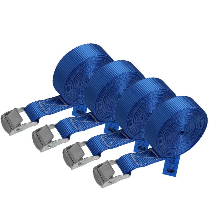Zurrgurt Spanngurt belastbar bis 250 kg DIN EN 12195-2 Befestigungsgurt Klemmverschluss Befestigungsriemen blau verschiedene Längen Stückzahlen, 4er Pack 2.5 cm x 6 m von BB Sport