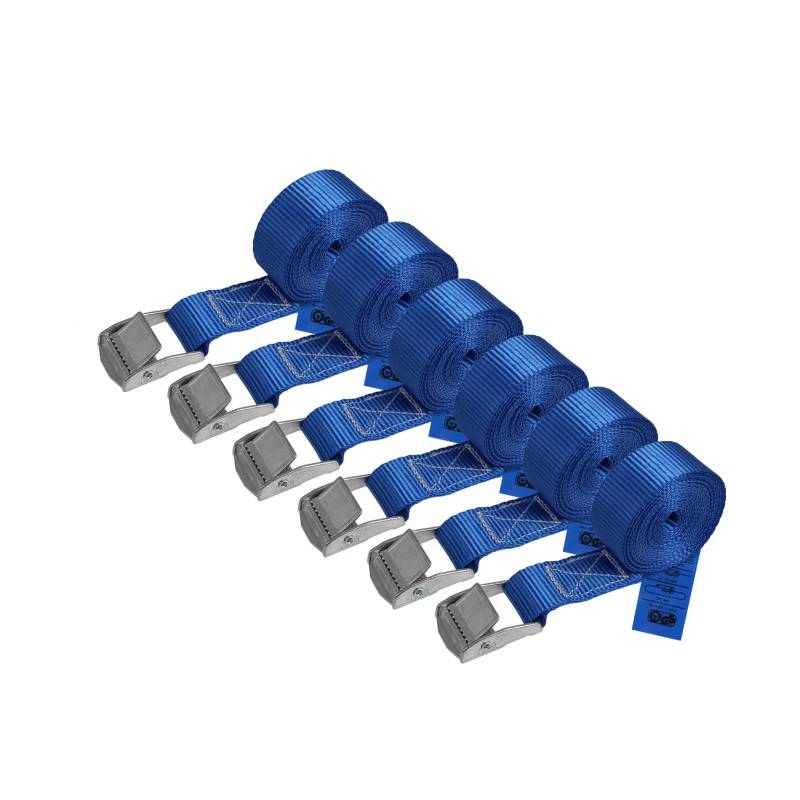 Zurrgurt Spanngurt belastbar bis 250 kg DIN EN 12195-2 Befestigungsgurt Klemmverschluss Befestigungsriemen blau verschiedene Längen Stückzahlen, 6er Pack 2.5 cm x 2.5 m von BB Sport