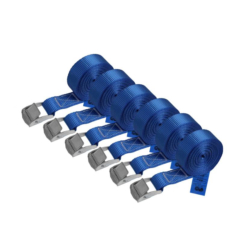 Zurrgurt Spanngurt belastbar bis 250 kg DIN EN 12195-2 Befestigungsgurt Klemmverschluss Befestigungsriemen blau verschiedene Längen Stückzahlen, 6er Pack 2.5 cm x 4 m von BB Sport