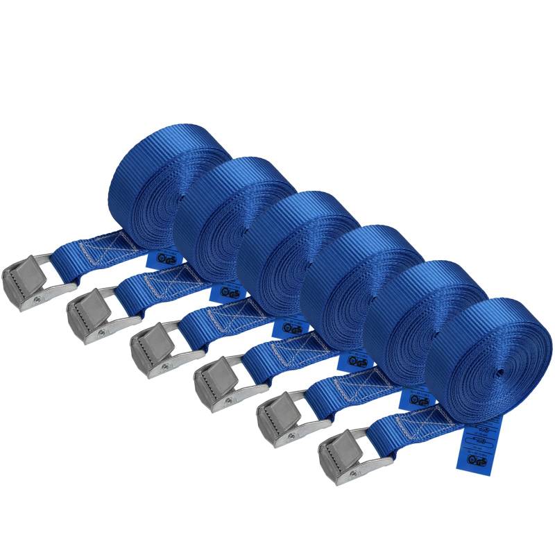 Zurrgurt Spanngurt belastbar bis 250 kg DIN EN 12195-2 Befestigungsgurt Klemmverschluss Befestigungsriemen blau verschiedene Längen Stückzahlen, 6er Pack 2.5 cm x 6 m von BB Sport