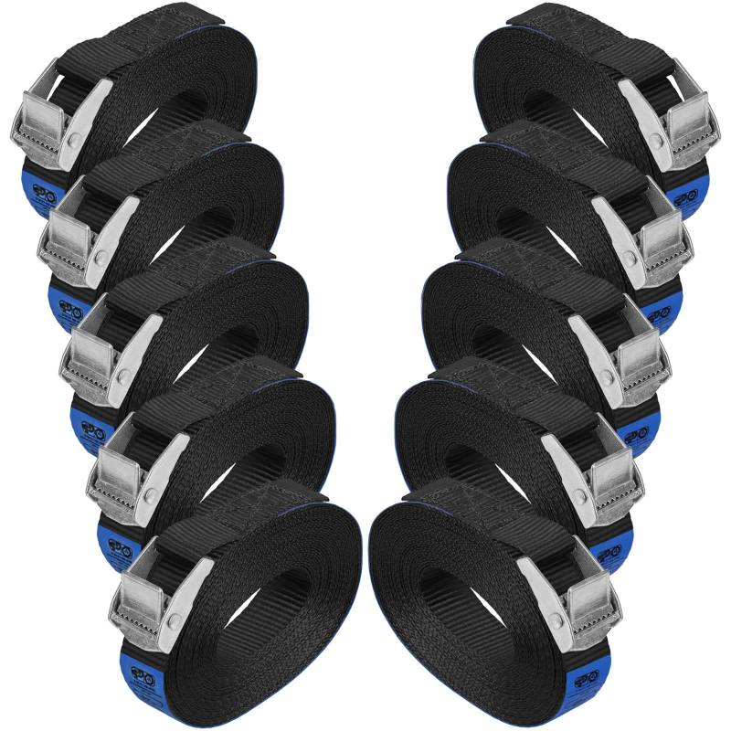 Zurrgurt Spanngurt belastbar bis 250 kg DIN EN 12195-2 Befestigungsgurt Klemmverschluss Befestigungsriemen schwarz Verschiedene Längen Stückzahlen, 10er Pack 2.5 cm x 6 m von BB Sport