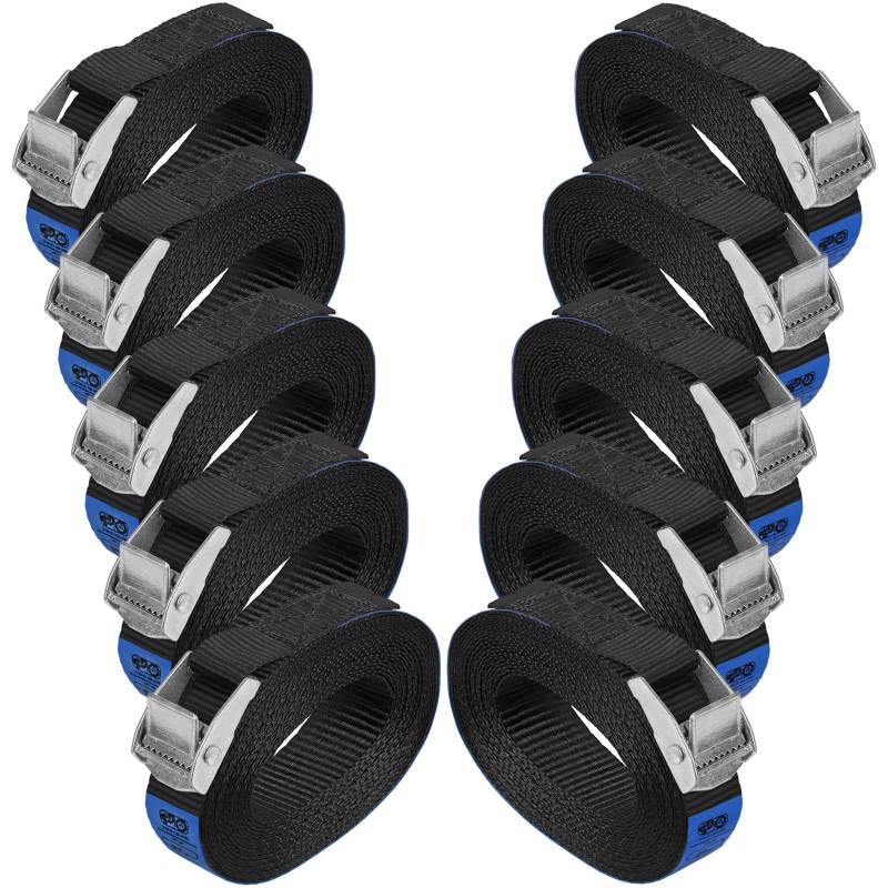 Zurrgurt Spanngurt belastbar bis 250 kg DIN EN 12195-2 Befestigungsgurt Klemmverschluss Befestigungsriemen schwarz Verschiedene Längen Stückzahlen, 10er Pack 2.5 cm x 2.5 m von BB Sport