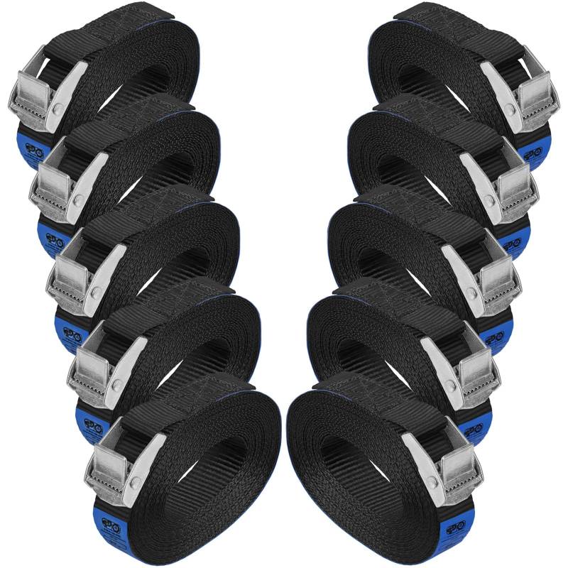 Zurrgurt Spanngurt belastbar bis 250 kg DIN EN 12195-2 Befestigungsgurt Klemmverschluss Befestigungsriemen schwarz Verschiedene Längen Stückzahlen, 10er Pack 2.5 cm x 4 m von BB Sport