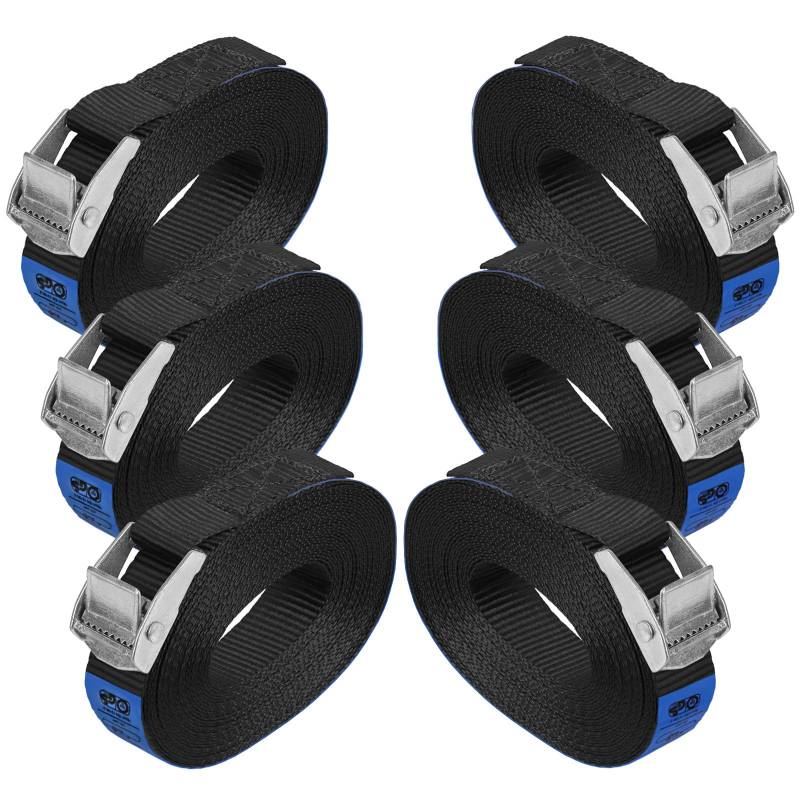 Zurrgurt Spanngurt belastbar bis 250 kg DIN EN 12195-2 Befestigungsgurt Klemmverschluss Befestigungsriemen schwarz Verschiedene Längen Stückzahlen, 6er Pack 2.5 cm x 6 m von BB Sport