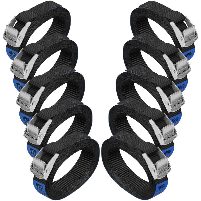 Zurrgurt Spanngurt belastbar bis 250 kg DIN EN 12195-2 Befestigungsgurt Klemmverschluss Befestigungsriemen schwarz verschiedene Längen Stückzahlen, 10er Pack 2.5 cm x 1 m von BB Sport