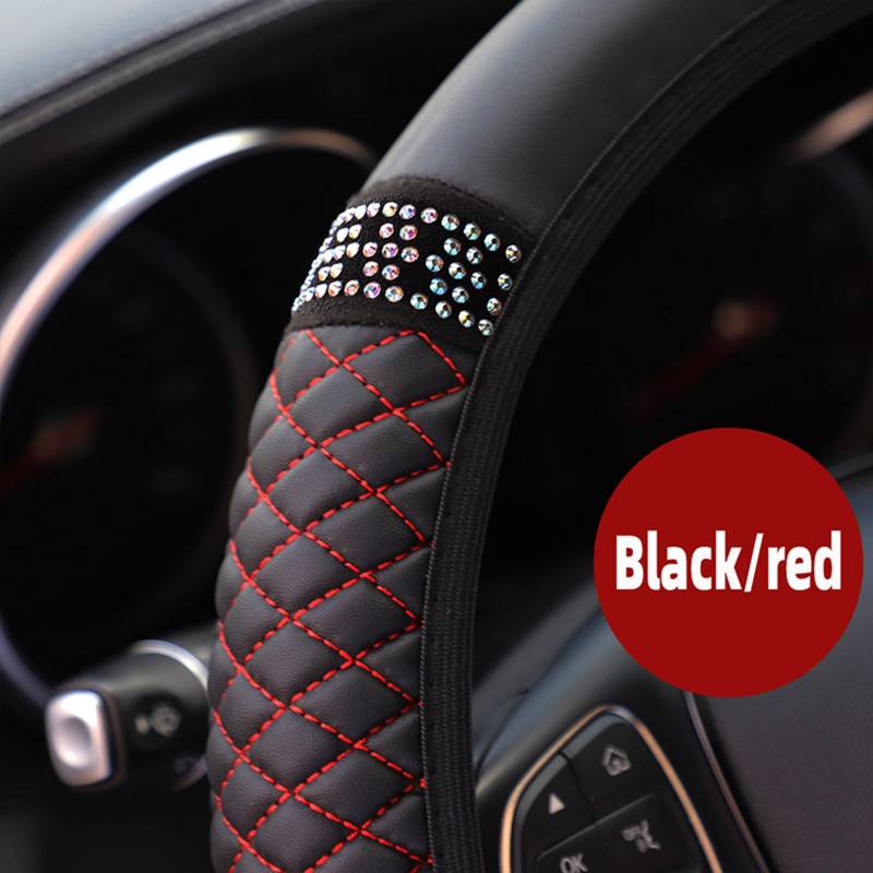 BBTISG Glitzer Lenkradbezug Mit Diamanten Und Schulterpolstern - Universal für Damen Und Mädchen - 37-38 cm Autolenkrad (Schwarz Rot) von BBTISG