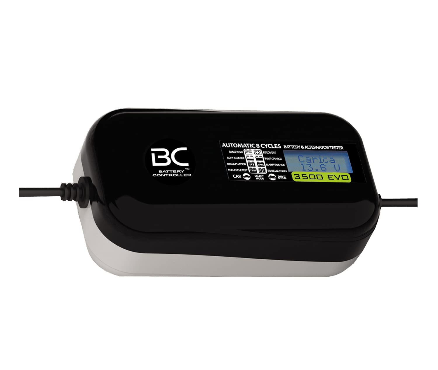 BC Battery Controller BC 3500 EVO, Digitales Batterieladegerät und Erhaltungsladegerät mit LCD, Batterie- und Ladesystem-Prüfgerät für alle 12V Blei-Säure Autobatterien und Motorradbatterien, 3.5A/1A von BC Battery Controller