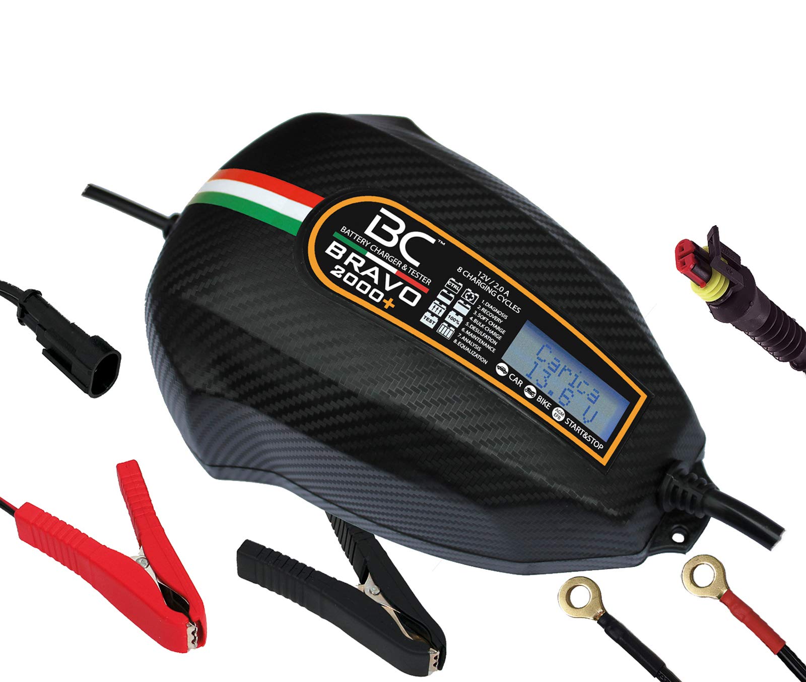 BC Battery Controller BC BRAVO 2000+, Digitales Batterieladegerät und Erhaltungsladegerät mit LCD, Batterie- und Ladesystem-Prüfgerät für alle 12V Blei-Säure Autobatterien und Motorradbatterien, 2 Amp von BATTERY CONTROLLER