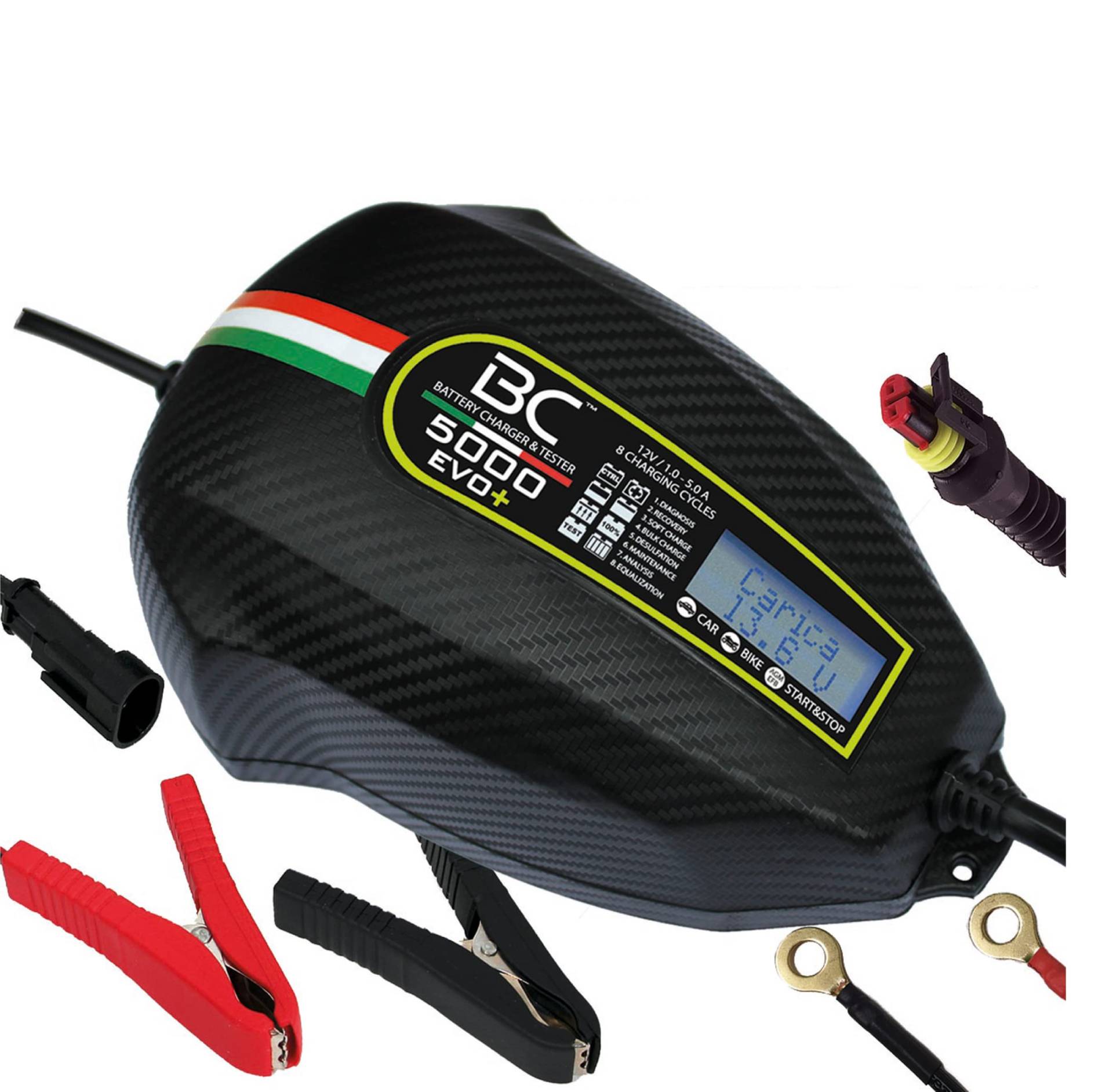 BC Battery Controller BC 5000 EVO+, Digitales Batterieladegerät und Erhaltungsladegerät mit LCD, Batterie- und Ladesystem-Prüfgerät für alle 12V Blei-Säure Autobatterien und Motorradbatterien, 5A/1A von BC Battery Controller