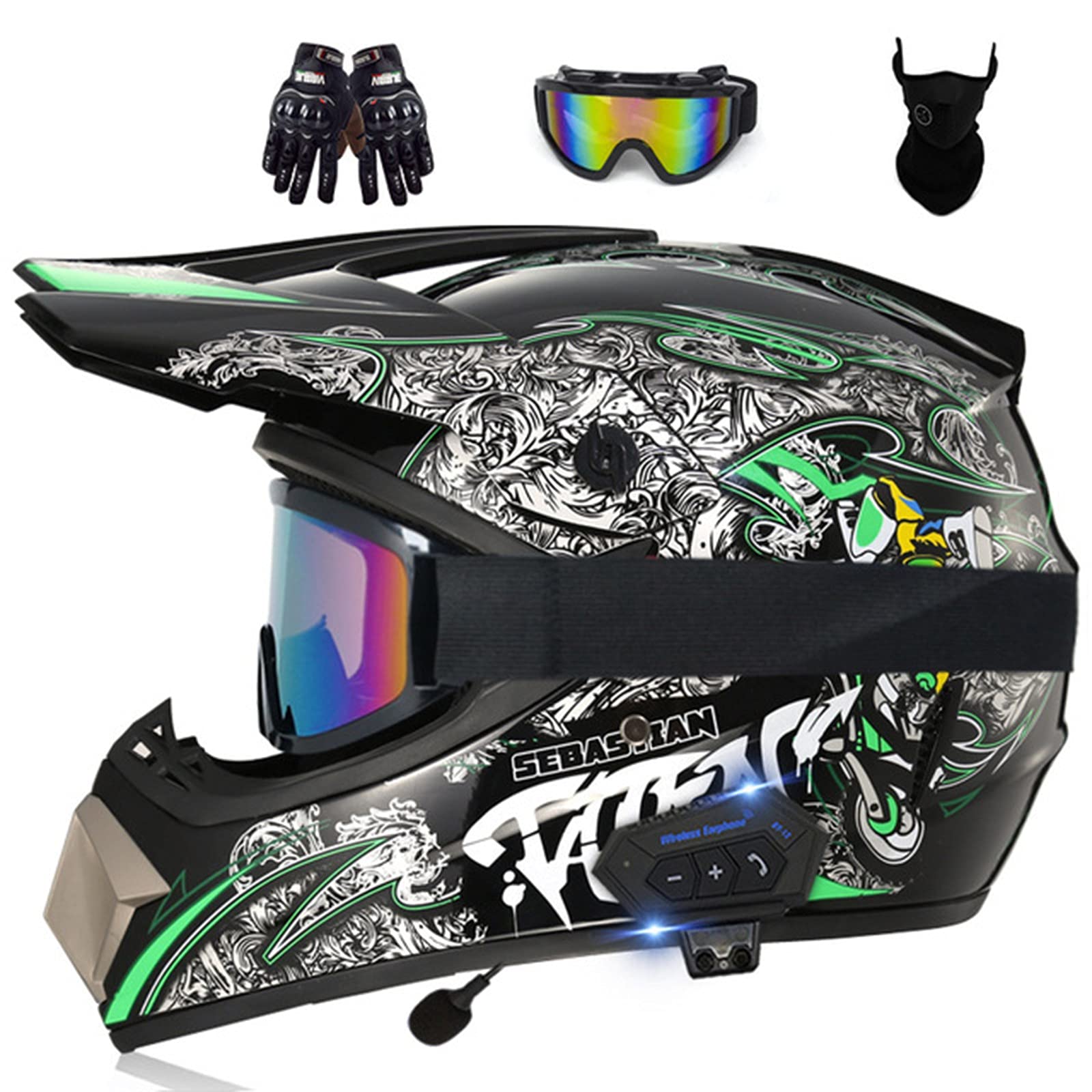 DOT Approved Herren Bluetooth Cross Helm Mit Brille Maske Handschuhe Leichter Motocross Helm Integral Quad Helm Mädchen Für Enduro ATV Downhill BMX Integral Motocross Helme C,M von BCBKD