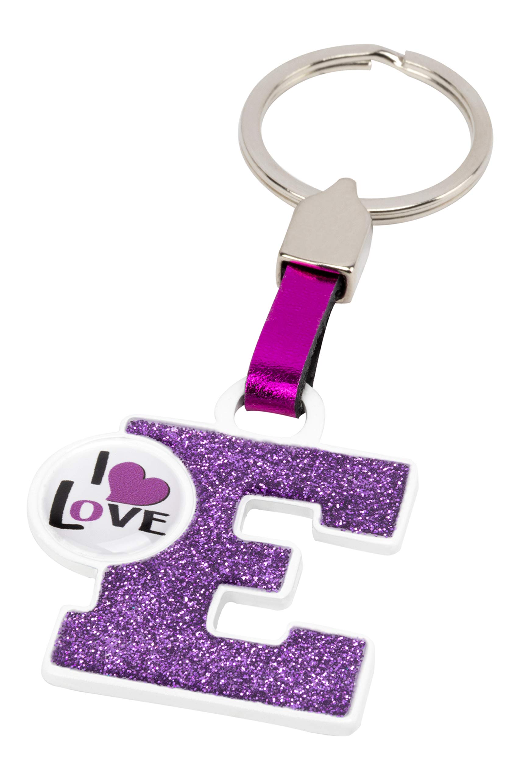 BC CORONA Metallischer Schlüsselanhänger I Love; Buchstabe E; Rosa Farbe. von BCCORONA