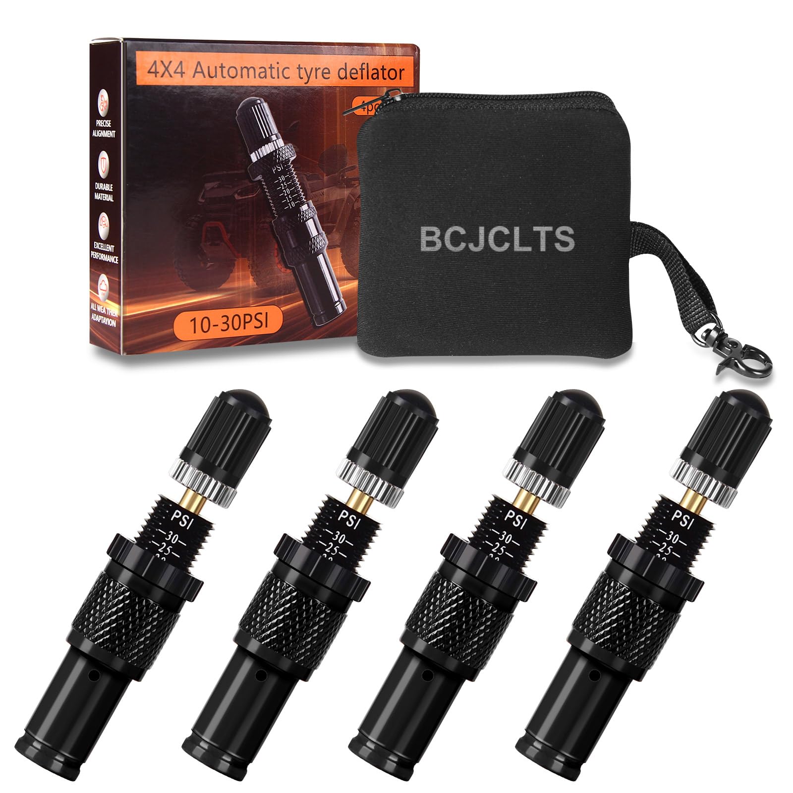 BCJCLTS Verstellbares Auto-Stop Reifenablassventil-Set (10-30 PSI) Reifenluft-Down-Werkzeug Offroad 4x4 Anschraubbare automatische Reifenablasser (4, schwarz) von BCJCLTS