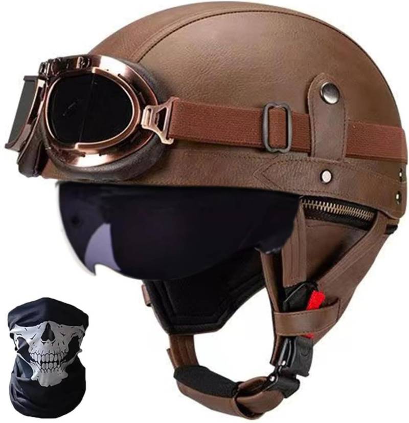 Retro Motorrad Halbhelm ECE-Zulassung Leder Halbschalenhelm,Mit Brille Schnellverschluss Schnalle Erwachsene Halbschalen Helm Cruiser Rollerhelm Unisex A,XL61-62CM von BDBRHFG