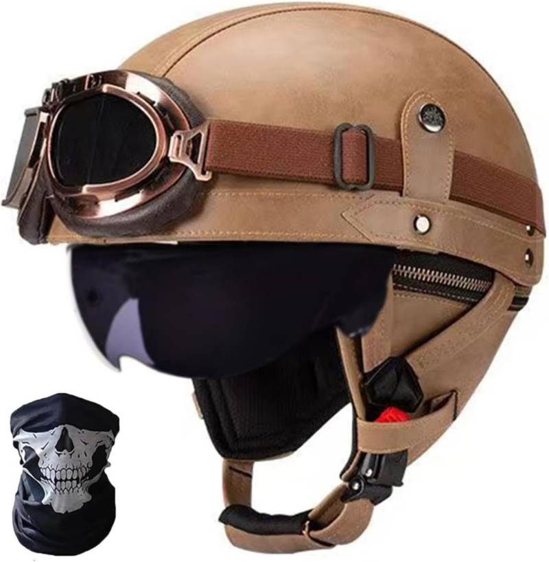 Retro Motorrad Halbhelm ECE-Zulassung Leder Halbschalenhelm,Mit Brille Schnellverschluss Schnalle Erwachsene Halbschalen Helm Cruiser Rollerhelm Unisex B,M57-58CM von BDBRHFG