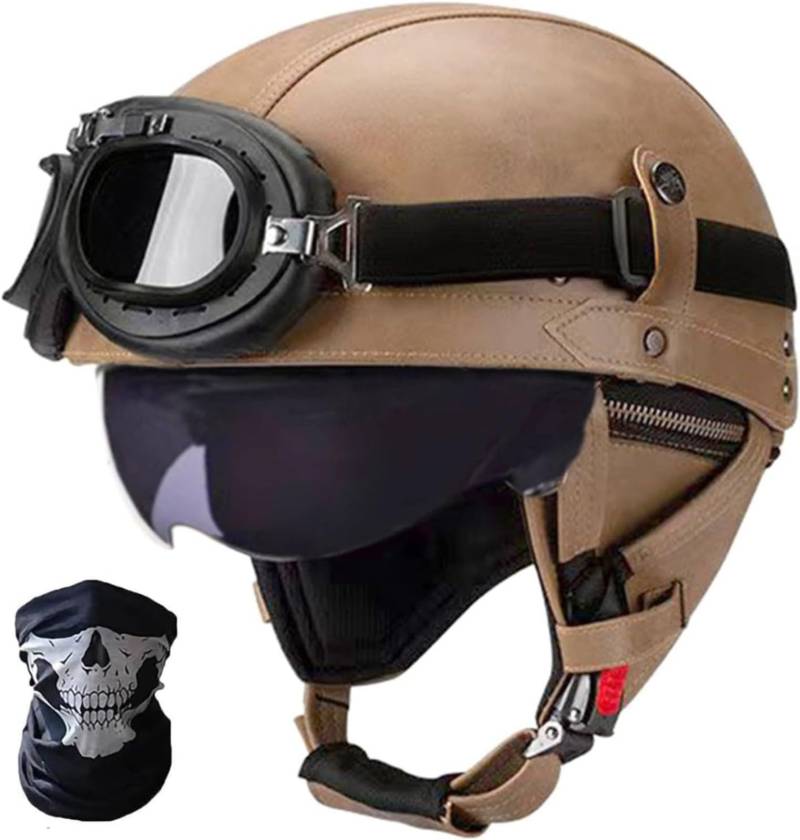 Retro Motorrad Halbhelm ECE-Zulassung Leder Halbschalenhelm,Mit Brille Schnellverschluss Schnalle Erwachsene Halbschalen Helm Cruiser Rollerhelm Unisex C,M57-58CM von BDBRHFG