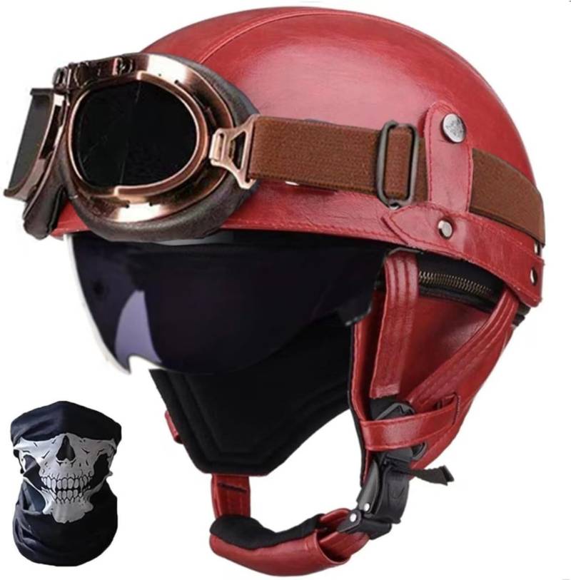 Retro Motorrad Halbhelm ECE-Zulassung Leder Halbschalenhelm,Mit Brille Schnellverschluss Schnalle Erwachsene Halbschalen Helm Cruiser Rollerhelm Unisex D,M57-58CM von BDBRHFG
