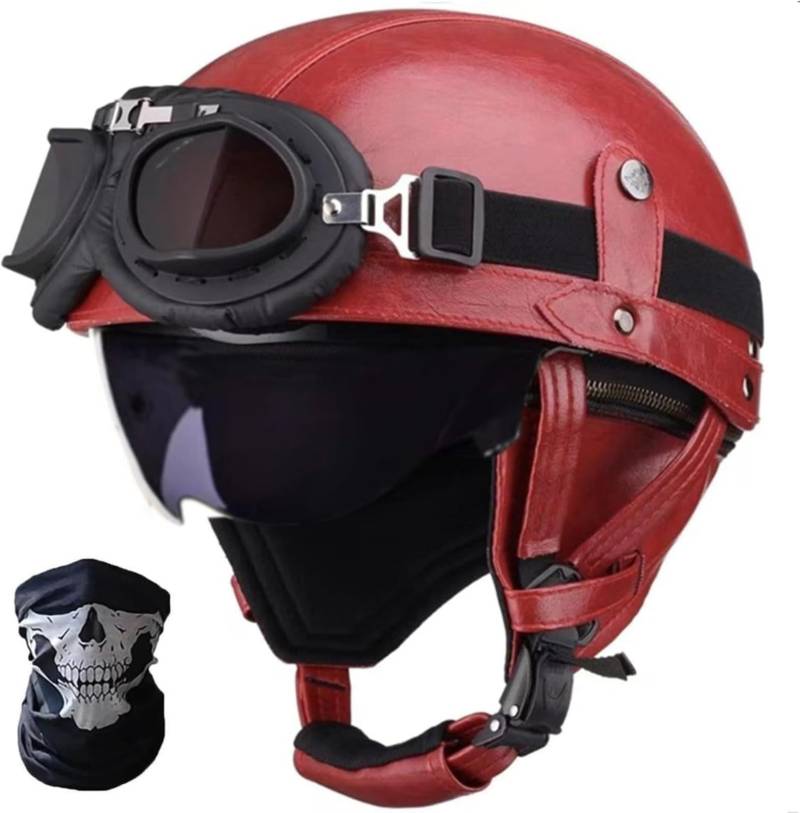 Retro Motorrad Halbhelm ECE-Zulassung Leder Halbschalenhelm,Mit Brille Schnellverschluss Schnalle Erwachsene Halbschalen Helm Cruiser Rollerhelm Unisex E,S55-56CM von BDBRHFG