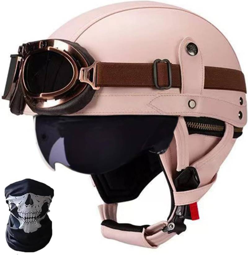 Retro Motorrad Halbhelm ECE-Zulassung Leder Halbschalenhelm,Mit Brille Schnellverschluss Schnalle Erwachsene Halbschalen Helm Cruiser Rollerhelm Unisex F,L59-60CM von BDBRHFG