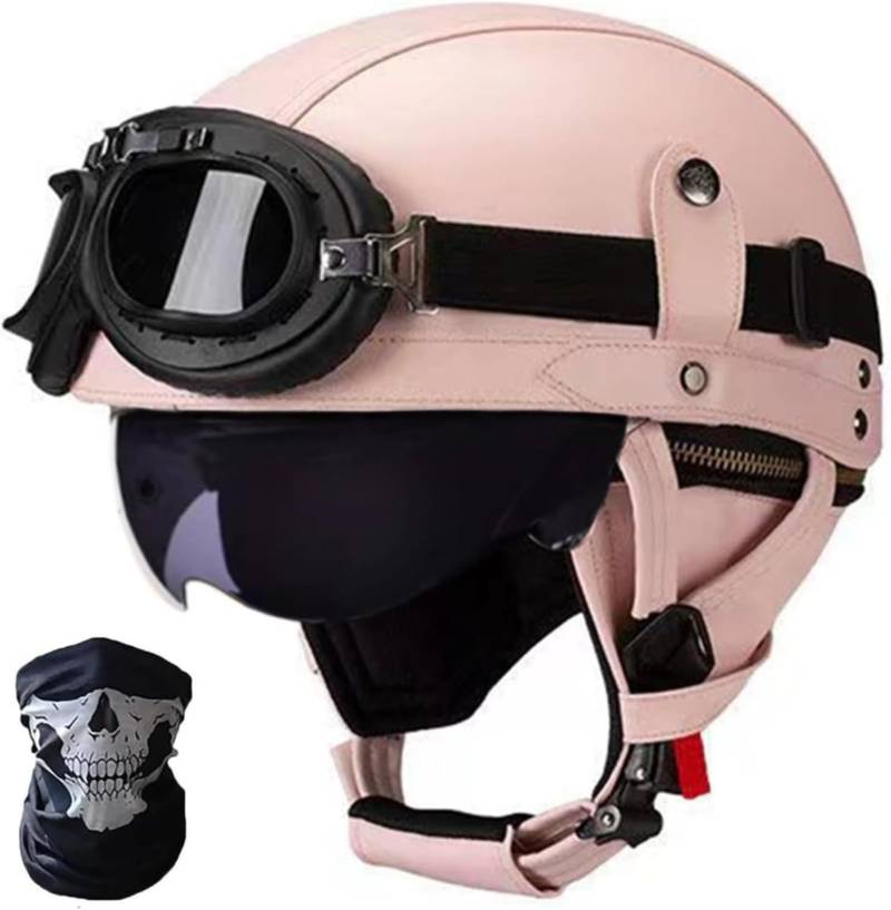 Retro Motorrad Halbhelm ECE-Zulassung Leder Halbschalenhelm,Mit Brille Schnellverschluss Schnalle Erwachsene Halbschalen Helm Cruiser Rollerhelm Unisex G,S55-56CM von BDBRHFG