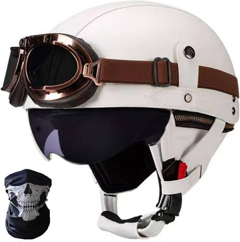 Retro Motorrad Halbhelm ECE-Zulassung Leder Halbschalenhelm,Mit Brille Schnellverschluss Schnalle Erwachsene Halbschalen Helm Cruiser Rollerhelm Unisex H,L59-60CM von BDBRHFG