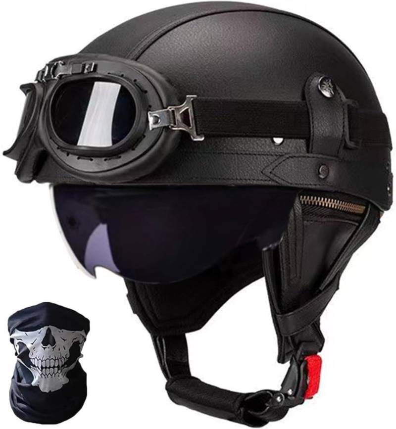 Retro Motorrad Halbhelm ECE-Zulassung Leder Halbschalenhelm,Mit Brille Schnellverschluss Schnalle Erwachsene Halbschalen Helm Cruiser Rollerhelm Unisex I,L59-60CM von BDBRHFG