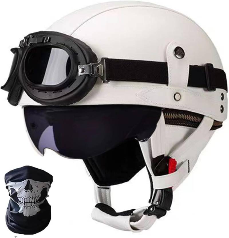Retro Motorrad Halbhelm ECE-Zulassung Leder Halbschalenhelm,Mit Brille Schnellverschluss Schnalle Erwachsene Halbschalen Helm Cruiser Rollerhelm Unisex J,S55-56CM von BDBRHFG