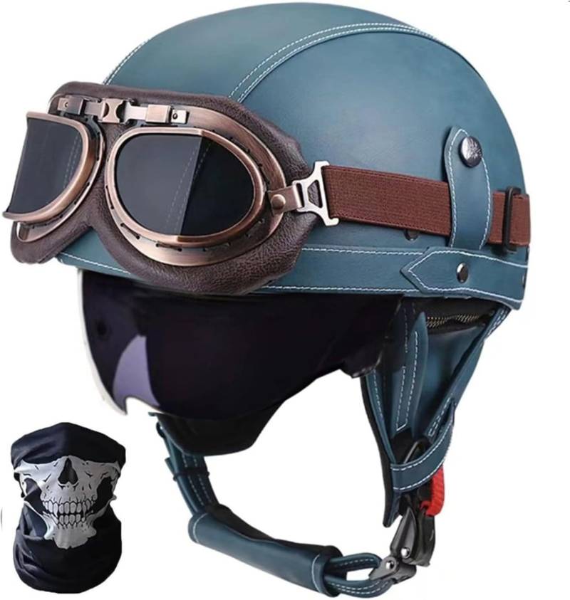 Retro Motorrad Halbhelm ECE-Zulassung Leder Halbschalenhelm,Mit Brille Schnellverschluss Schnalle Erwachsene Halbschalen Helm Cruiser Rollerhelm Unisex K,L59-60CM von BDBRHFG