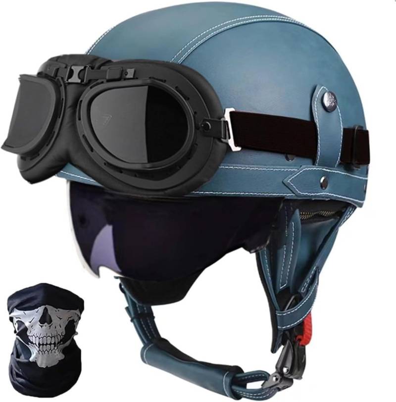 Retro Motorrad Halbhelm ECE-Zulassung Leder Halbschalenhelm,Mit Brille Schnellverschluss Schnalle Erwachsene Halbschalen Helm Cruiser Rollerhelm Unisex L,S55-56CM von BDBRHFG