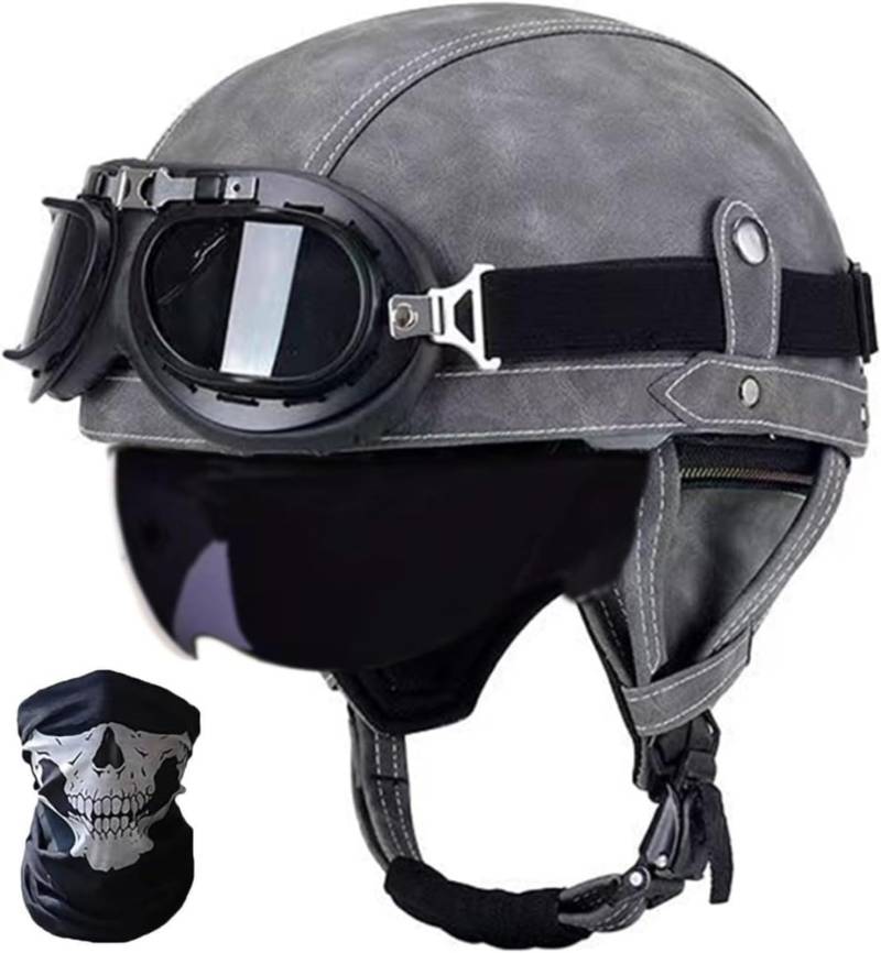 Retro Motorrad Halbhelm ECE-Zulassung Leder Halbschalenhelm,Mit Brille Schnellverschluss Schnalle Erwachsene Halbschalen Helm Cruiser Rollerhelm Unisex P,S55-56CM von BDBRHFG