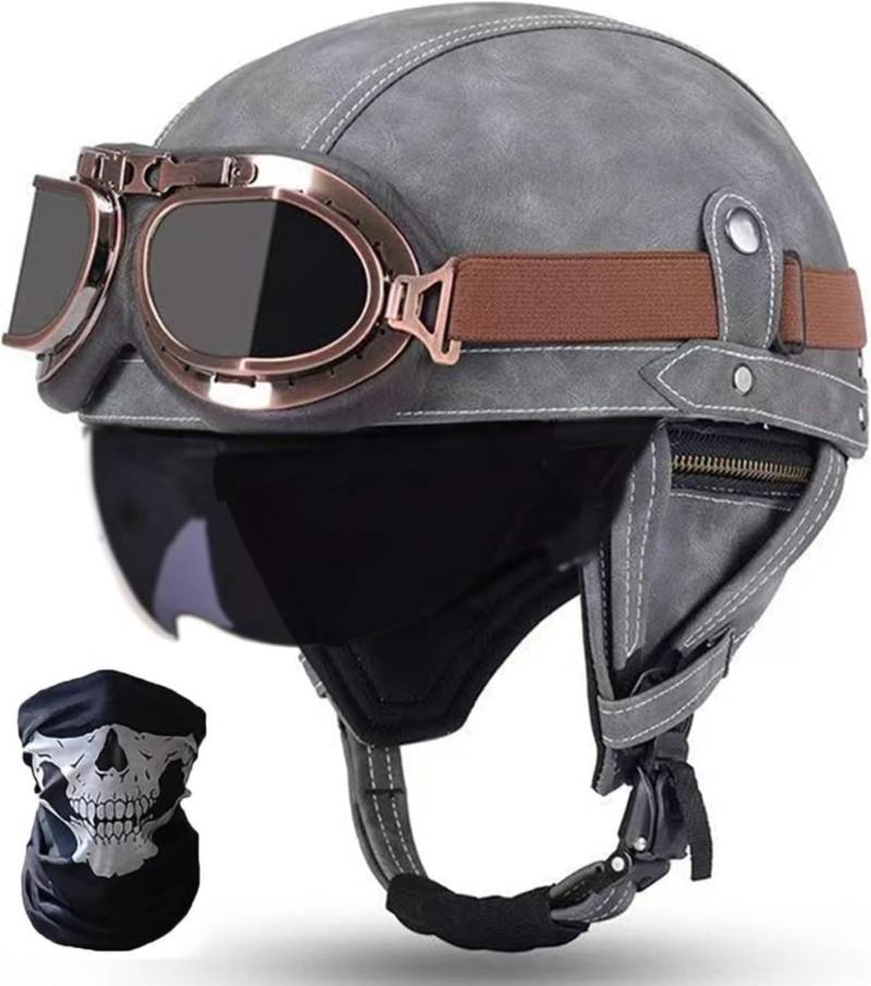 Retro Motorrad Halbhelm ECE-Zulassung Leder Halbschalenhelm,Mit Brille Schnellverschluss Schnalle Erwachsene Halbschalen Helm Cruiser Rollerhelm Unisex U,S55-56CM von BDBRHFG