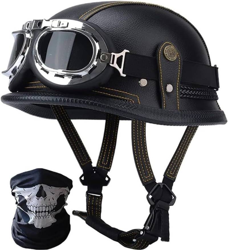 Retro Motorradhelm Rollerhelm, Vintage Deutsche Motorrad Halbhelme Halbschalenhelm Mit ECE, Offener Helm Mit Sonnenbrille Schnellverschluss C,L59-60CM von BDBRHFG