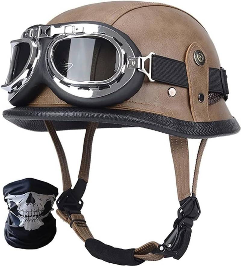 Retro Motorradhelm Rollerhelm, Vintage Deutsche Motorrad Halbhelme Halbschalenhelm Mit ECE, Offener Helm Mit Sonnenbrille Schnellverschluss E,L59-60CM von BDBRHFG