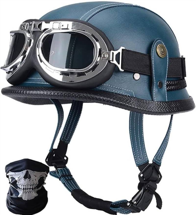 Retro Motorradhelm Rollerhelm, Vintage Deutsche Motorrad Halbhelme Halbschalenhelm Mit ECE, Offener Helm Mit Sonnenbrille Schnellverschluss H,M57-58CM von BDBRHFG