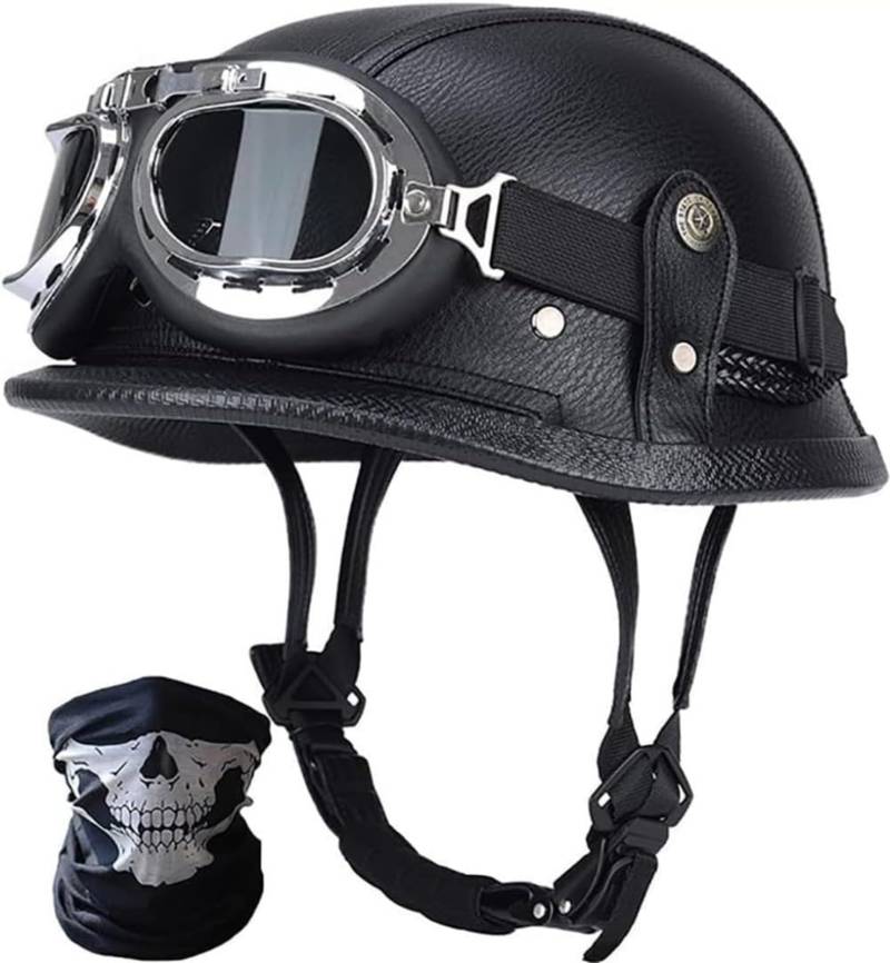 Retro Motorradhelm Rollerhelm, Vintage Deutsche Motorrad Halbhelme Halbschalenhelm Mit ECE, Offener Helm Mit Sonnenbrille Schnellverschluss K,M57-58CM von BDBRHFG