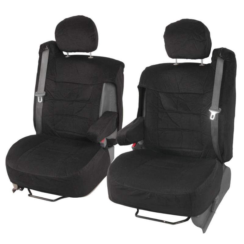 BDK Vordersitzbezüge aus Veloursstoff, für Pick-Up-Trucks, LKWs, Lieferwagen, mit integriertem Sicherheitsgurt, integrierter Armlehne, Abnehmbarer Kopfstütze, Schwarz, 2 Stück von BDK