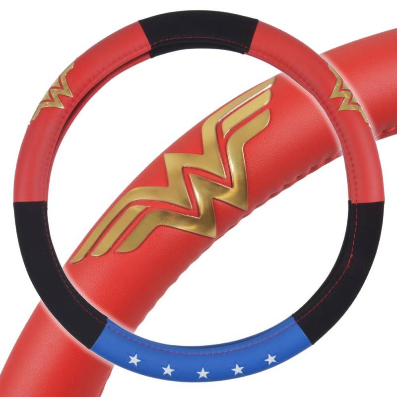 BDK Warner Bros DC Comics Wonder Woman Lenkradbezug - Autozubehör für Frauen, Superheldenheldin Geschenkideen, Original Rot Weiß Blau Wonderwoman Logo, Universal Standard Fit 14,5-15,5 Zoll von BDK