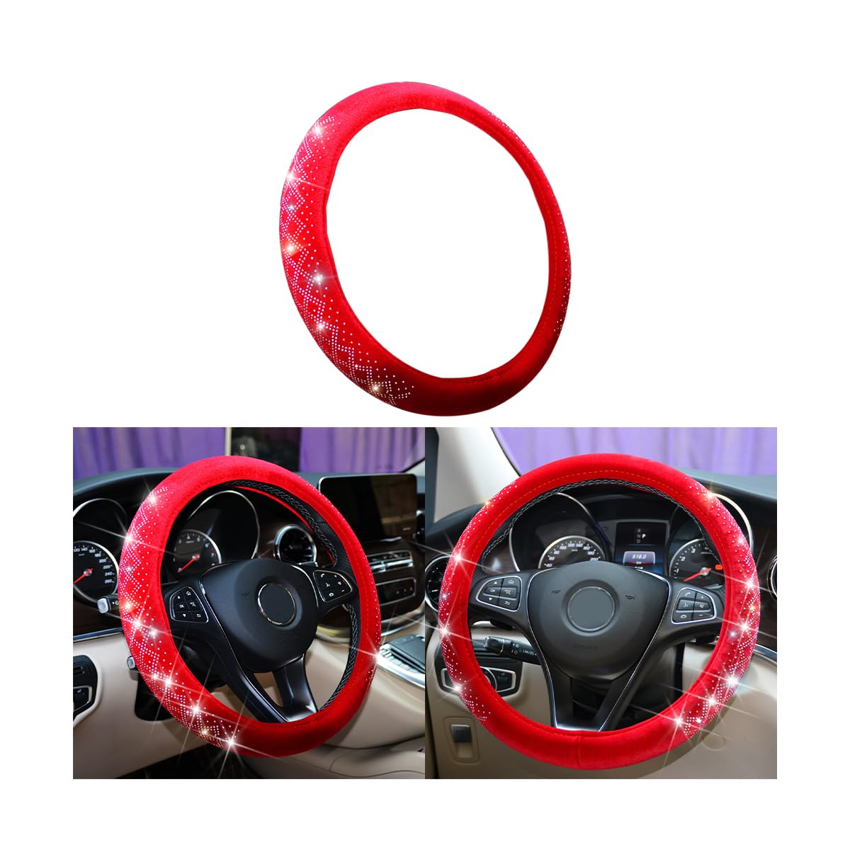 BELOMI Bling Auto Lenkradbezug Weicher Samt Kristall Strass Lenkradschoner Universal 15 Zoll Flauschig für Winter Warm Niedlich Auto Innenraum Zubehör für Frauen Mädchen (Rot) von BELOMI