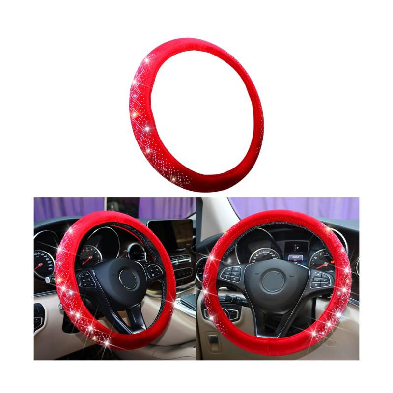 BELOMI Bling Auto Lenkradbezug Weicher Samt Kristall Strass Lenkradschoner Universal 15 Zoll Flauschig für Winter Warm Niedlich Auto Innenraum Zubehör für Frauen Mädchen (Rot) von BELOMI