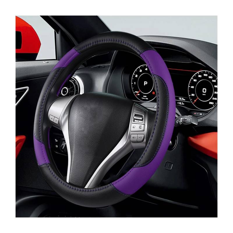 BELOMI Leder Auto Lenkradbezug Universal 15 Zoll für Auto LKW SUV rutschfest und atmungsaktiv Sport Style Design Geruchlos Lenkradschoner Automotive Interior Accessories (Lila) von BELOMI