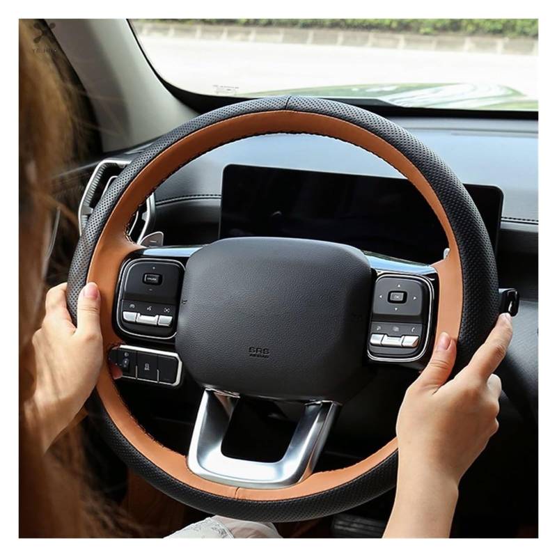 Auto Lenkradabdeckung Für Great Wall Haval H5 II 2023 2024 Leder Handgenähte Lenkradabdeckung Autoinnenausstattung Lenkradschutz(Braun) von BENELKZAFA