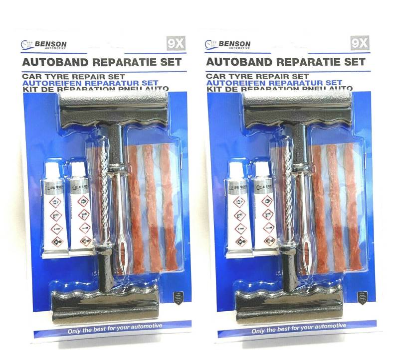 BENSON 2 x Notfall Autoreifen Reparaturset 9-teiliges Flickzeug als Pannenhilfe für Reifenreparatur - 2er Pack von BENSON