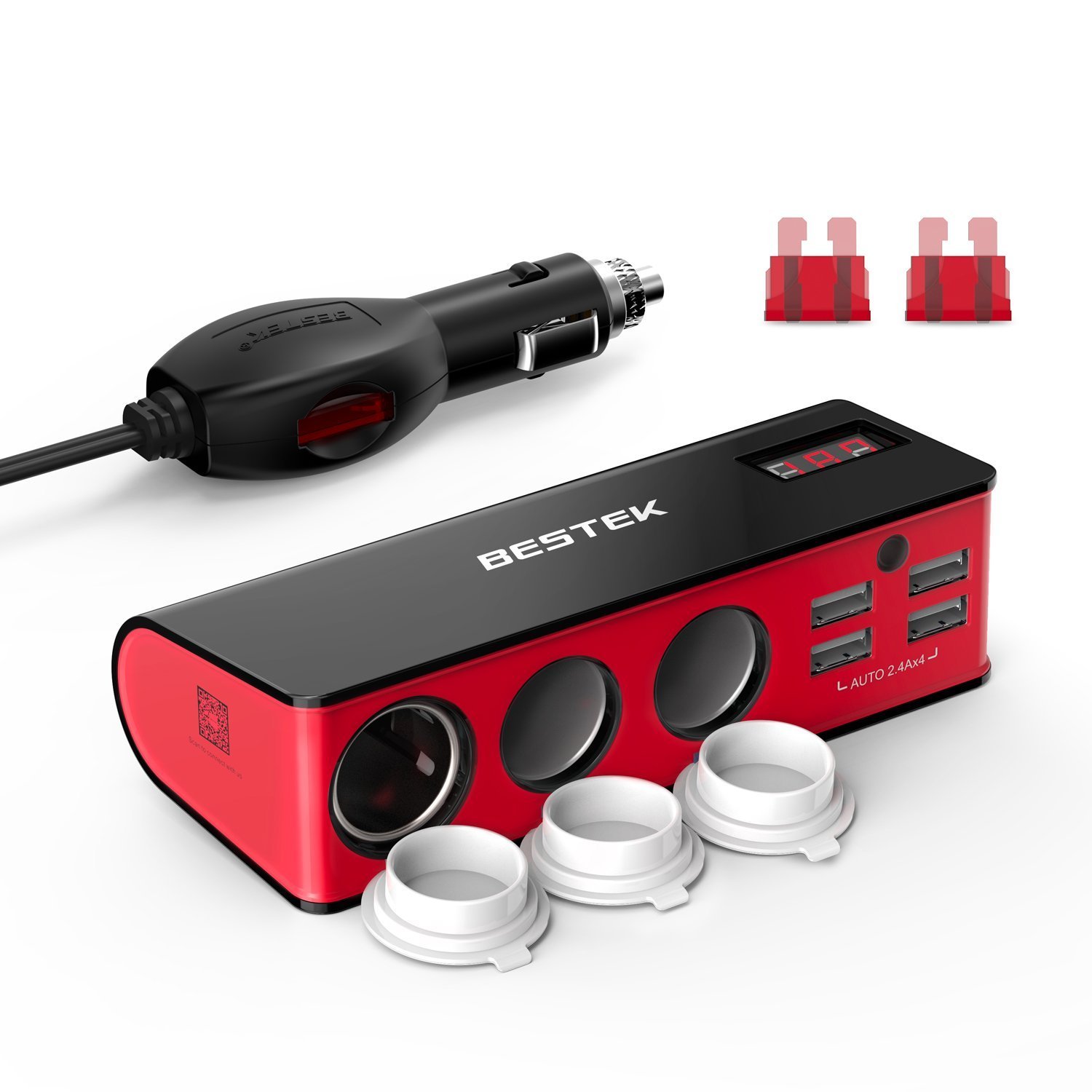 BESTEK 3 Fach Zigarettenanzünder 200W Verteiler LED-Anzeige mit 4 USB Anschlüsse Adapter 12/24V DC Auto Ladegerät für Smartphone, Tablet and GPS usw, mit 2 Sicherung, Rot von BESTEK