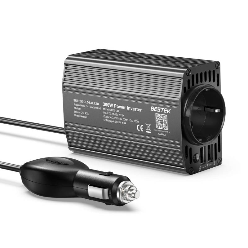 BESTEK 300W Wechselrichter/Spannungswandler 12v 230v /Stromwandler Inverter 12v auf 230v /mit Zertifiziert und Dual USB 4,8 A inkl. Kfz Zigarettenanzünder Stecker, Schwarz von BESTEK