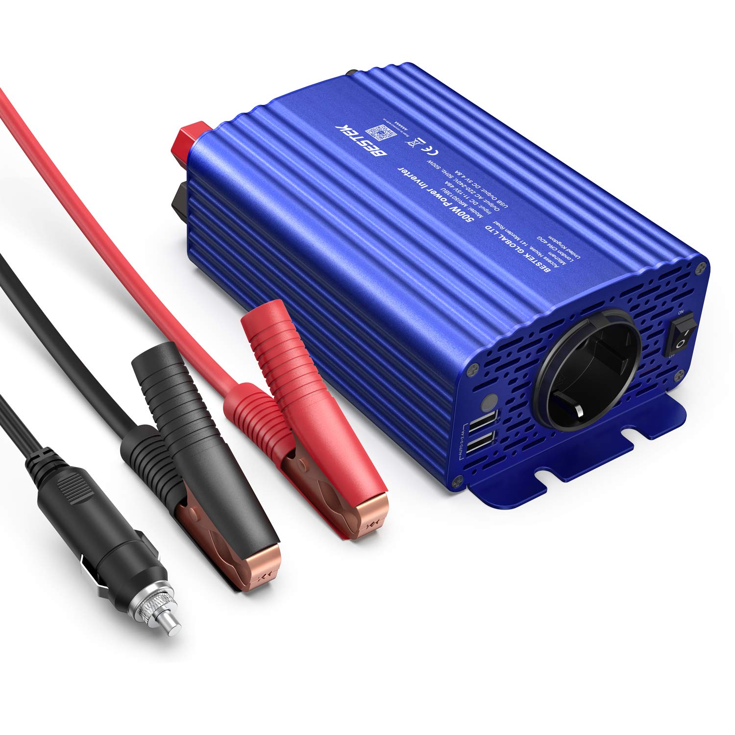 KFZ Wechselrichter 500W, BESTEK Spannungswandler DC 12V auf AC 230V mit 2 USB, inklusive Zigarettenanzünder stecker und Autobatterieclips, 2 Austauschbare Sicherungen, Blau von BESTEK