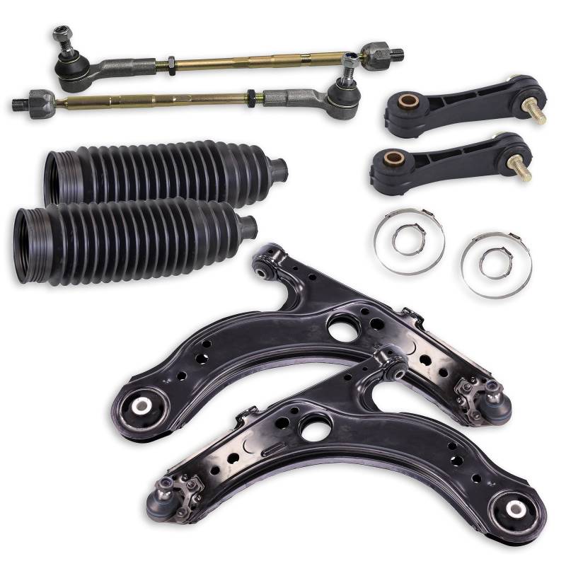 BESTPRICE 2x Querlenker Vorderachse vorne links & rechts mit Buchsen und Traggelenk, 2x Spurstangen mit Spurstangenkopf, 2x Koppelstange vorne, 2x Lenkmanschette von BESTPRICE