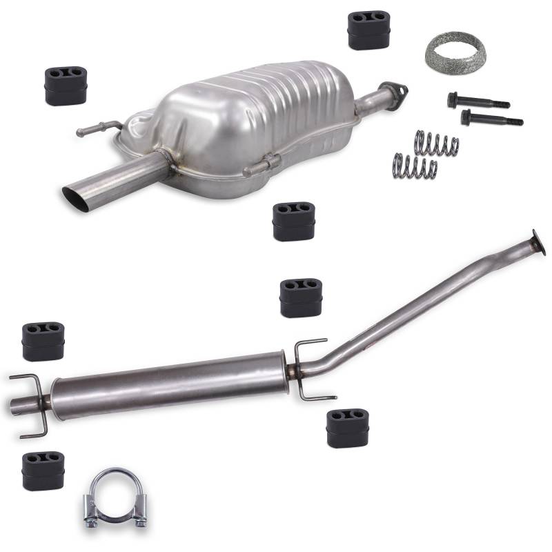 BESTPRICE Auspuff Schalldämpfer Set 1x Mittelschalldämpfer, 1x Endschalldämpfer, mit Montagematerial Kompatibel mit OPEL ASTRA G CC (T98) von BESTPRICE