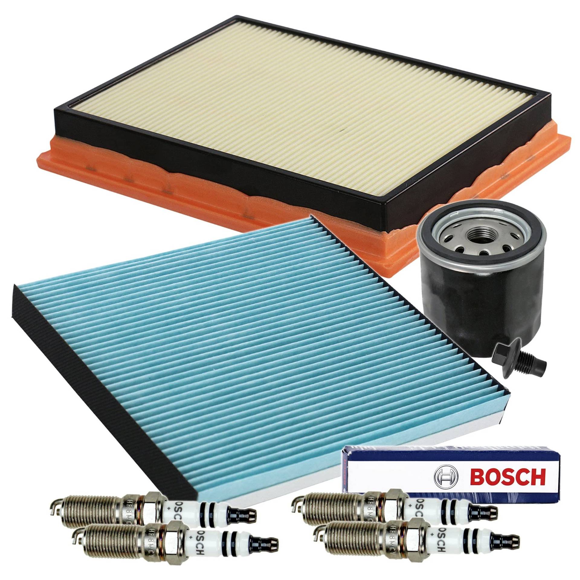 BESTPRICE Inspektionspaket Filterset mit 1x Luftfilter, 1x Innenraumfilter, 4x Zündkerze Super plus HR8MCV+, 1x Ölablassschraube mit Dichtung Kompatibel mit MAZDA 2 (DY) von BESTPRICE