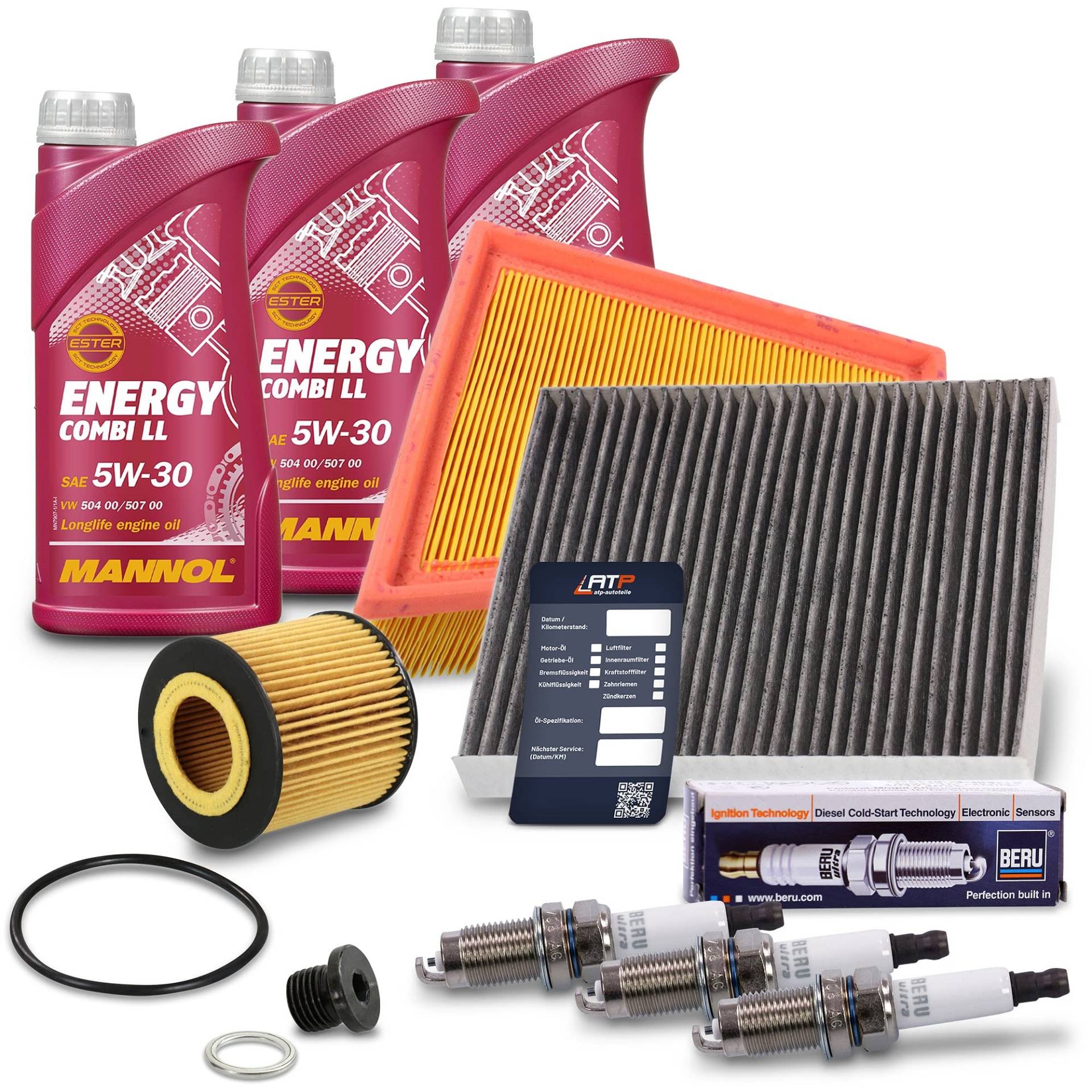 BESTPRICE Inspektionspaket Filterset mit 1x Luftfilter, 1x Innenraumfilter (Aktivkohle), 3x Zündkerze ULTRA Z272, 3x Motoröl 5W-30 Energy Combi LL 1 l, 1x Ölablassschraube mit Dichtring, 1x Ölwechsel von Buosha