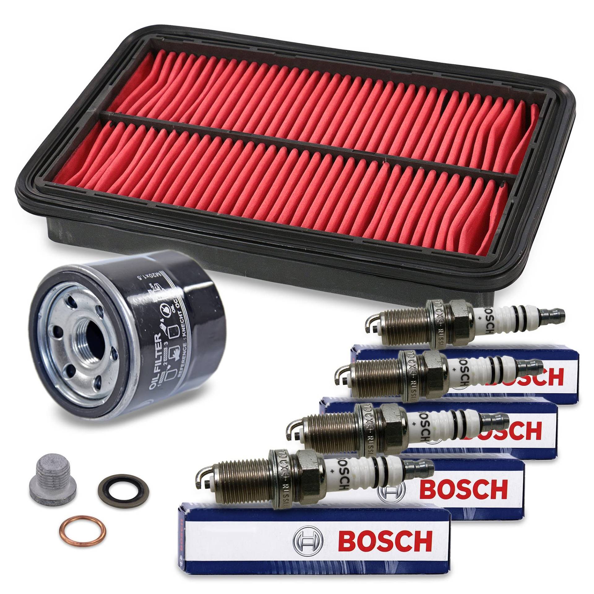 BESTPRICE Inspektionspaket Filterset mit 1x Luftfilter, 4x Zündkerze Super plus FR7DCX+, 1x Ölablassschraube mit Dichtung, Kompatibel mit MAZDA MX-5 II (NB) von ENVA MADE FOR QUALITY
