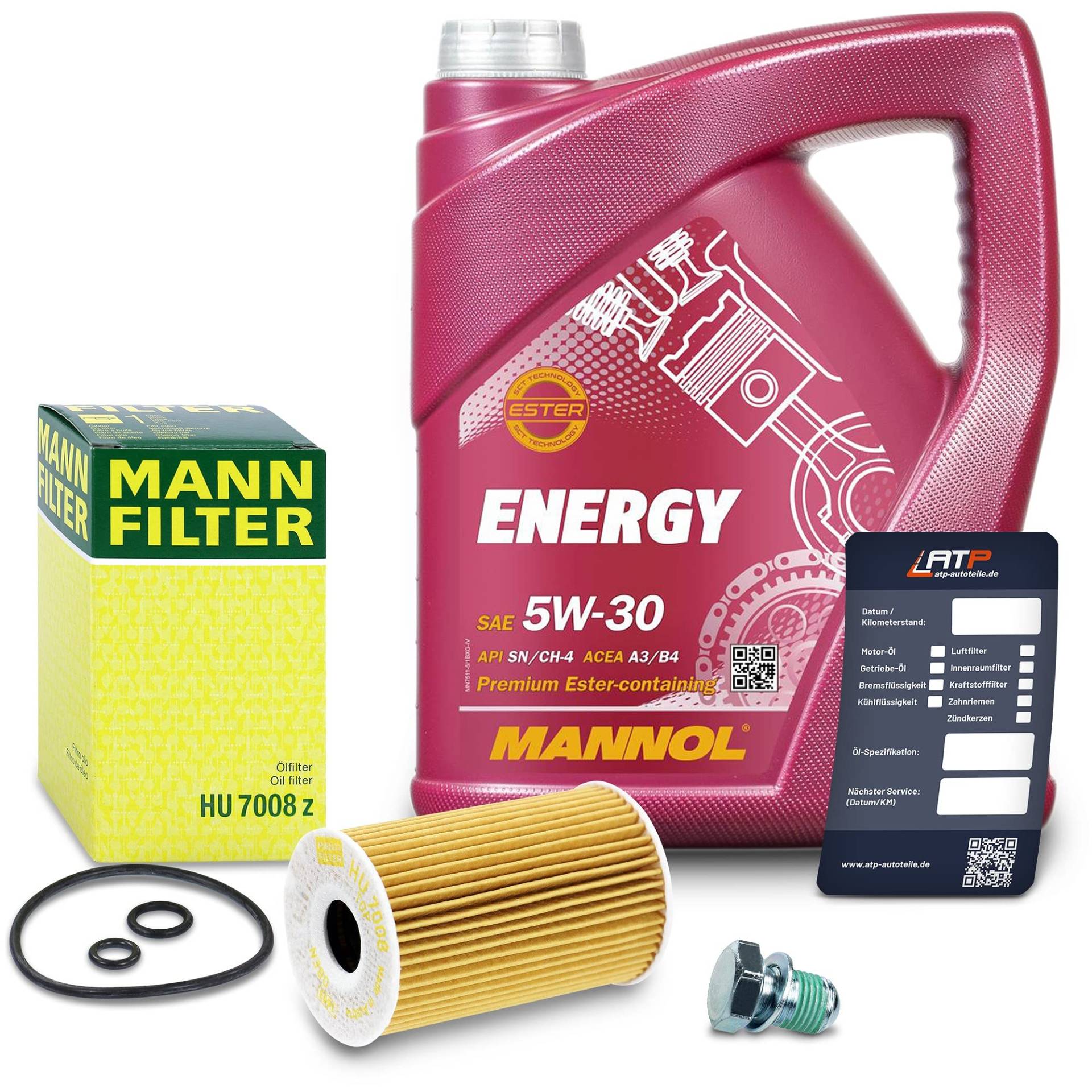 BESTPRICE Inspektionspaket Filterset mit 1x MANN-FILTER Ölfilter; 1x Motoröl 5W-30 5 Liter, 1x Ölablassschraube mit Dichtring, 1x Ölwechselanhänger von BESTPRICE